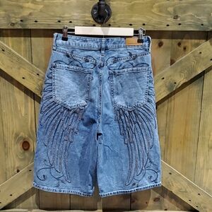 Austin Landing Embroidered Denim Long Shorts with Wing Design